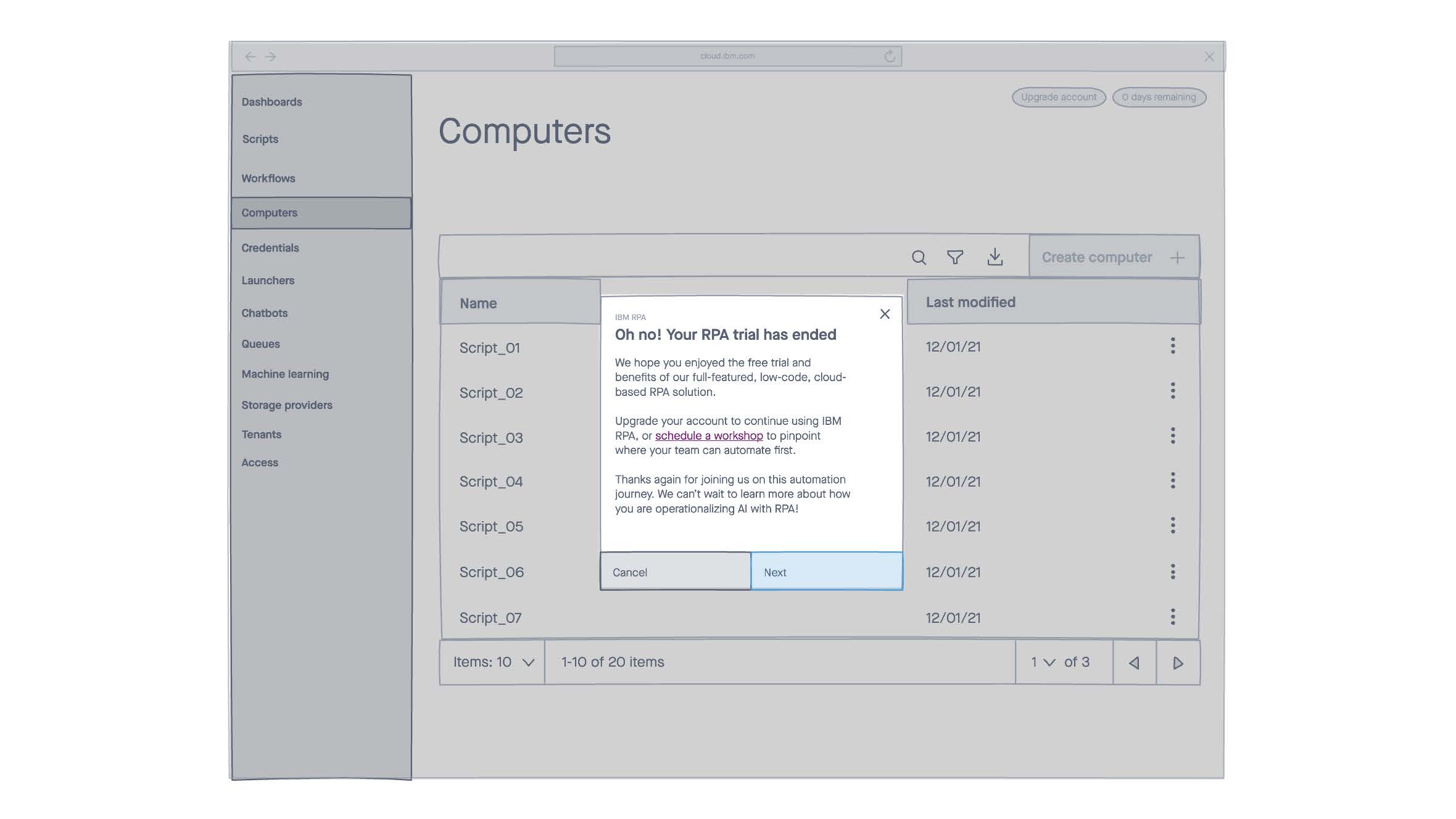 A lo-fi wireframe of the RPA installer experience.