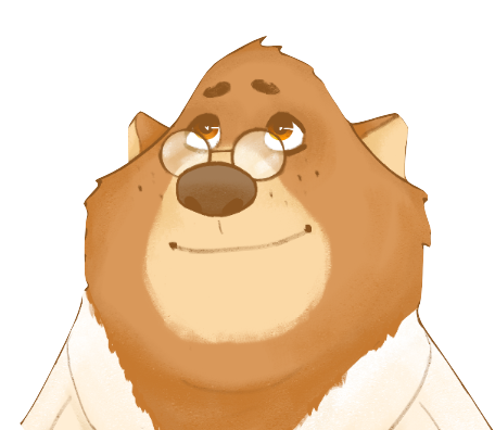 A cute, cartoon-style bear character with a warm, light brown fur coat. The bear is wearing round glasses and has a soft, friendly expression with a gentle smile. The background is white, emphasizing the bear's calm and approachable demeanor.