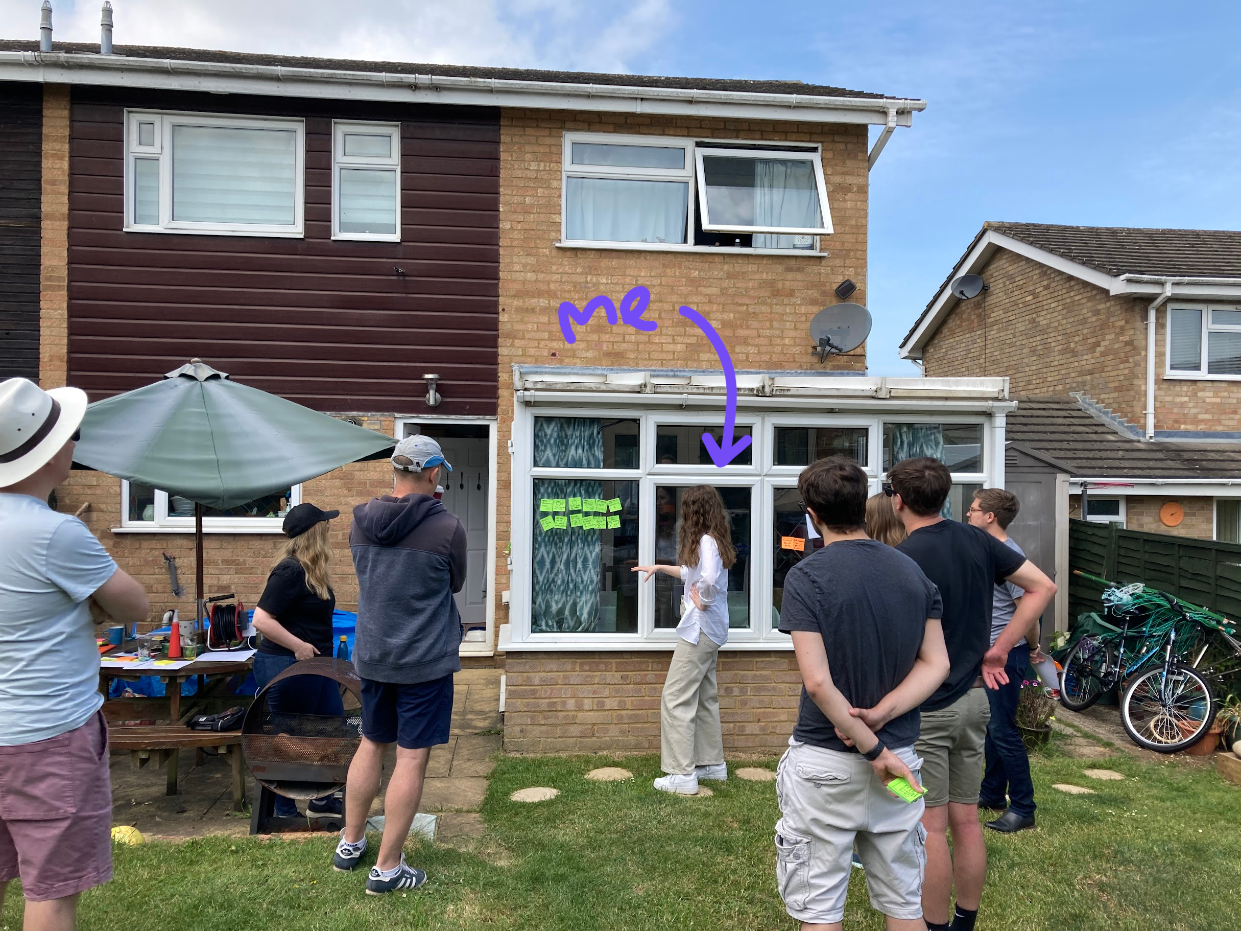 An image of a woman leading a workshop in a garden. There are several people listening to her, and sticky notes on a glass window in front of her.